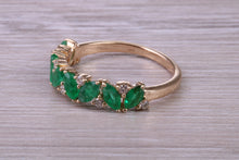 Load image into Gallery viewer, 1.50 carat Natural Marquise cut Emeralds and Round Diamonds set Yellow Gold Ring