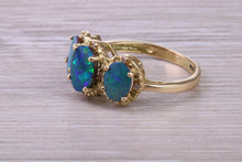 Load image into Gallery viewer, Beautiful Fiery Natural Opal and Diamonds set Trilogy Gold Ring