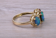 Load image into Gallery viewer, Beautiful Fiery Natural Opal and Diamonds set Trilogy Gold Ring