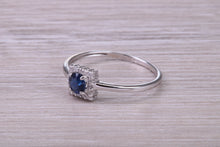 Load image into Gallery viewer, Dainty Sapphire and Halo set Diamond 18ct White Gold Ring
