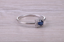 Load image into Gallery viewer, Dainty Sapphire and Halo set Diamond 18ct White Gold Ring