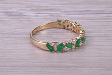 Load image into Gallery viewer, One carat Natural Marquise cut Emeralds and Round Diamonds set Yellow Gold Ring