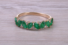Load image into Gallery viewer, 1.50 carat Natural Marquise cut Emeralds and Round Diamonds set Yellow Gold Ring