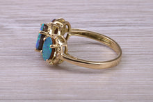 Load image into Gallery viewer, Beautiful Fiery Natural Opal and Diamonds set Trilogy Gold Ring