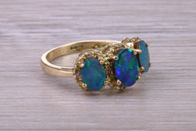 Load image into Gallery viewer, Beautiful Fiery Natural Opal and Diamonds set Trilogy Gold Ring