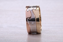 Load image into Gallery viewer, Diamond set 10 mm Wide Jigsaw Puzzle Ring, Solid Yellow, Rose and White Gold