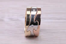 Load image into Gallery viewer, Diamond set 10 mm Wide Jigsaw Puzzle Ring, Solid Yellow, Rose and White Gold