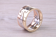 Load image into Gallery viewer, Diamond set 10 mm Wide Jigsaw Puzzle Ring, Solid Yellow, Rose and White Gold