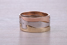 Load image into Gallery viewer, Diamond set 10 mm Wide Jigsaw Puzzle Ring, Solid Yellow, Rose and White Gold