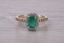Load image into Gallery viewer, 1.25ct Top Grade Natural Emerald and Natural Diamonds set Ring in 18ct Yellow Gold, British Hallmarked