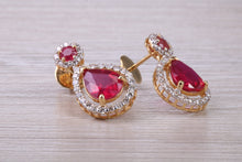 Load image into Gallery viewer, Pear Drop cut Ruby and Diamond set Yellow Gold Dropper Earrings, Very Dressy