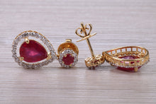 Load image into Gallery viewer, Pear Drop cut Ruby and Diamond set Yellow Gold Dropper Earrings, Very Dressy