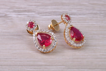 Load image into Gallery viewer, Pear Drop cut Ruby and Diamond set Yellow Gold Dropper Earrings, Very Dressy