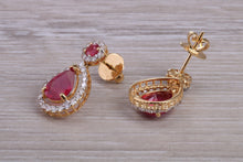 Load image into Gallery viewer, Pear Drop cut Ruby and Diamond set Yellow Gold Dropper Earrings, Very Dressy