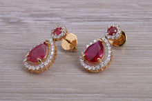 Load image into Gallery viewer, Pear Drop cut Ruby and Diamond set Yellow Gold Dropper Earrings, Very Dressy