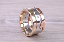 Load image into Gallery viewer, Diamond set 10 mm Wide Jigsaw Puzzle Ring, Solid Yellow, Rose and White Gold