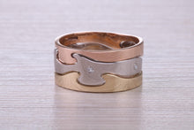 Load image into Gallery viewer, Diamond set 10 mm Wide Jigsaw Puzzle Ring, Solid Yellow, Rose and White Gold