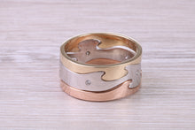 Load image into Gallery viewer, Diamond set 10 mm Wide Jigsaw Puzzle Ring, Solid Yellow, Rose and White Gold