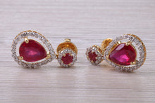Load image into Gallery viewer, Pear Drop cut Ruby and Diamond set Yellow Gold Dropper Earrings, Very Dressy