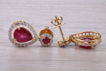 Load image into Gallery viewer, Pear Drop cut Ruby and Diamond set Yellow Gold Dropper Earrings, Very Dressy
