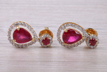 Load image into Gallery viewer, Pear Drop cut Ruby and Diamond set Yellow Gold Dropper Earrings, Very Dressy
