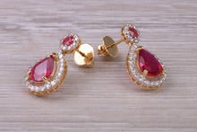 Load image into Gallery viewer, Pear Drop cut Ruby and Diamond set Yellow Gold Dropper Earrings, Very Dressy
