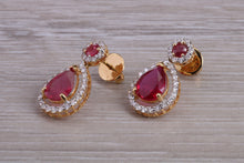 Load image into Gallery viewer, Pear Drop cut Ruby and Diamond set Yellow Gold Dropper Earrings, Very Dressy