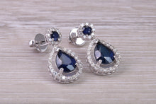 Load image into Gallery viewer, Pear Drop cut Blue Sapphire and Diamond set White Gold Dropper Earrings, Very Dressy
