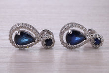 Load image into Gallery viewer, Pear Drop cut Blue Sapphire and Diamond set White Gold Dropper Earrings, Very Dressy