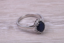 Load image into Gallery viewer, Beautiful 1.65 carat Blue Sapphire and Diamond Halo set White Gold Ring