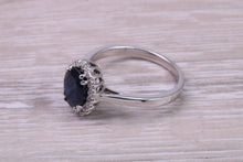 Load image into Gallery viewer, Beautiful 1.65 carat Blue Sapphire and Diamond Halo set White Gold Ring
