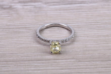 Load image into Gallery viewer, Natural 0.97ct Yellow Emerald cut Diamond with White Diamond set Shoulders Platinum Ring