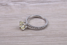 Load image into Gallery viewer, Natural 0.97ct Yellow Emerald cut Diamond with White Diamond set Shoulders Platinum Ring