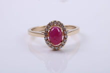 Load image into Gallery viewer, Stunning Cabochon cut 1.40 carat Ruby and Halo set Diamond Ring in Yellow Gold