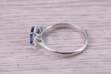 Load image into Gallery viewer, Cushion cut Blue Sapphire and Emerald cut Diamonds set Trilogy Ring, 1.40 carats of Very Top Grade Sapphire and Diamonds, 18ct White Gold