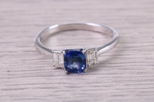 Load image into Gallery viewer, Cushion cut Blue Sapphire and Emerald cut Diamonds set Trilogy Ring, 1.40 carats of Very Top Grade Sapphire and Diamonds, 18ct White Gold
