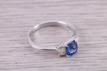 Load image into Gallery viewer, Cushion cut Blue Sapphire and Emerald cut Diamonds set Trilogy Ring, 1.40 carats of Very Top Grade Sapphire and Diamonds, 18ct White Gold
