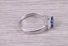Load image into Gallery viewer, Cushion cut Blue Sapphire and Emerald cut Diamonds set Trilogy Ring, 1.40 carats of Very Top Grade Sapphire and Diamonds, 18ct White Gold