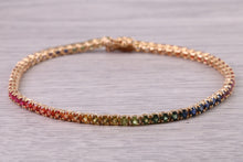 Load image into Gallery viewer, Five carats Multi Coloured Natural Sapphire set Solid Yellow Gold Tennis Bracelet, All Real Rainbow Coloured Sapphires, British Hallmarked