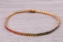 Load image into Gallery viewer, Five carats Multi Coloured Natural Sapphire set Solid Yellow Gold Tennis Bracelet, All Real Rainbow Coloured Sapphires, British Hallmarked