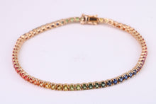 Load image into Gallery viewer, Five carats Multi Coloured Natural Sapphire set Solid Yellow Gold Tennis Bracelet, All Real Rainbow Coloured Sapphires, British Hallmarked