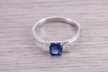 Load image into Gallery viewer, Cushion cut Blue Sapphire and Emerald cut Diamonds set Trilogy Ring, 1.40 carats of Very Top Grade Sapphire and Diamonds, 18ct White Gold