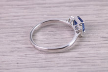 Load image into Gallery viewer, Cushion cut Blue Sapphire and Emerald cut Diamonds set Trilogy Ring, 1.40 carats of Very Top Grade Sapphire and Diamonds, 18ct White Gold
