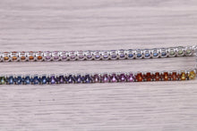 Load image into Gallery viewer, Seven carats Multi Coloured Natural Sapphire set Solid White Gold Tennis Bracelet, All Real Rainbow Coloured Sapphires, British Hallmarked