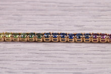 Load image into Gallery viewer, Five carats Multi Coloured Natural Sapphire set Solid Yellow Gold Tennis Bracelet, All Real Rainbow Coloured Sapphires, British Hallmarked
