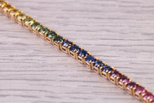 Load image into Gallery viewer, Five carats Multi Coloured Natural Sapphire set Solid Yellow Gold Tennis Bracelet, All Real Rainbow Coloured Sapphires, British Hallmarked
