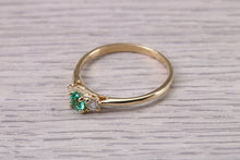 Load image into Gallery viewer, Dainty Emerald and Diamond set 18ct Yellow Gold Trilogy Ring, Natural Emerald and Diamonds, British Hallmarked