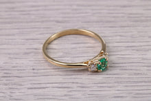Load image into Gallery viewer, Dainty Emerald and Diamond set 18ct Yellow Gold Trilogy Ring, Natural Emerald and Diamonds, British Hallmarked