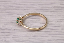 Load image into Gallery viewer, Dainty Emerald and Diamond set 18ct Yellow Gold Trilogy Ring, Natural Emerald and Diamonds, British Hallmarked
