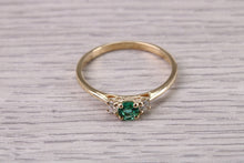 Load image into Gallery viewer, Dainty Emerald and Diamond set 18ct Yellow Gold Trilogy Ring, Natural Emerald and Diamonds, British Hallmarked